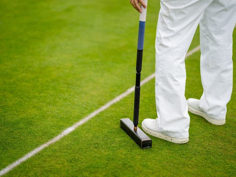 Man standing on croquet lawn with a mallet